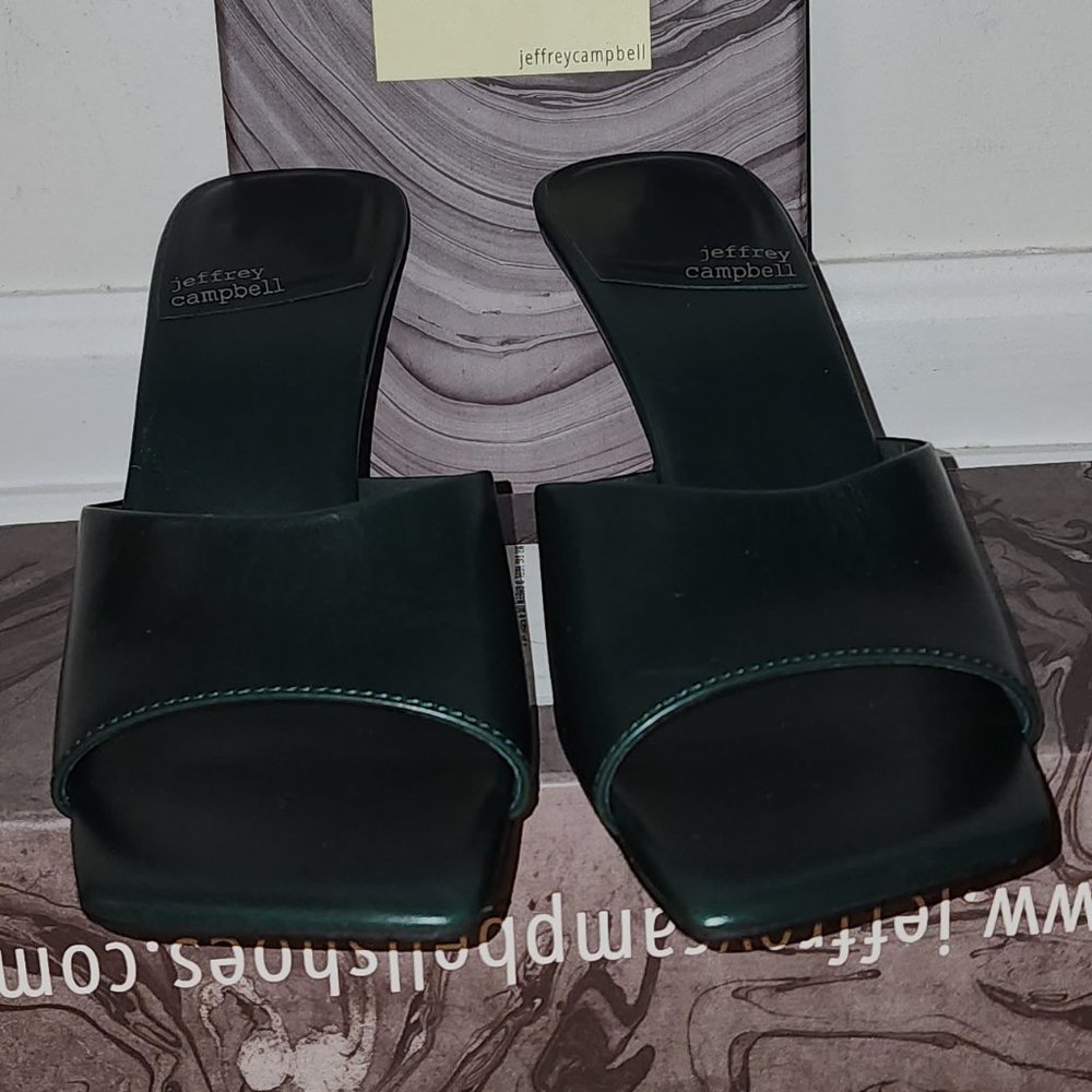 NWOT Jeffery Campbell Mr. Big Square Toe Evergreen Leather Mules - 9.5